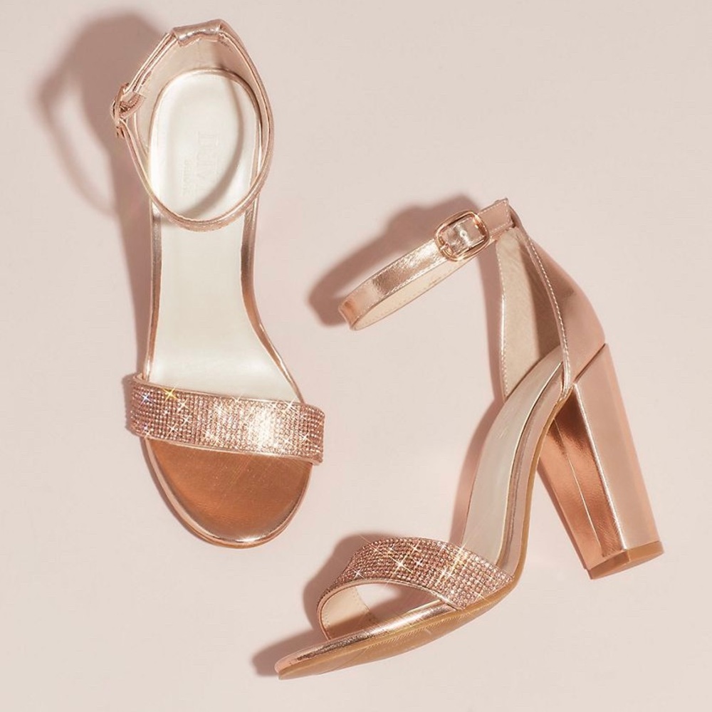 Crystal Strap Metallic Block Heel
